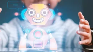 Garoto com mãos em torno de robô virtual