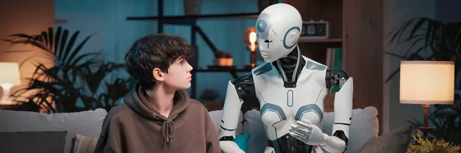Robô ao lado de menino adolescente em sala