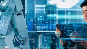 rapaz olhando tablet com máquina autônoma ao lado