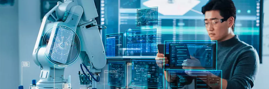 rapaz olhando tablet com máquina autônoma ao lado